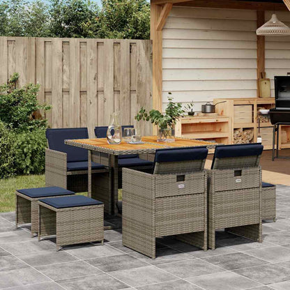 Set da pranzo da giardino da 9 pz con Cuscini in Polyrattan Grigio