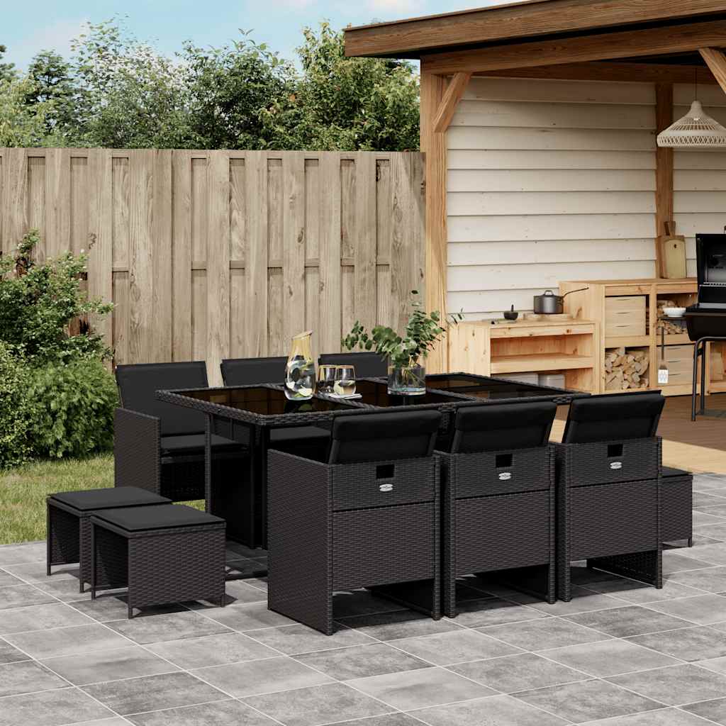 Set da Pranzo da Giardino 11 pz con Cuscini in Polyrattan Nero | homemem39
