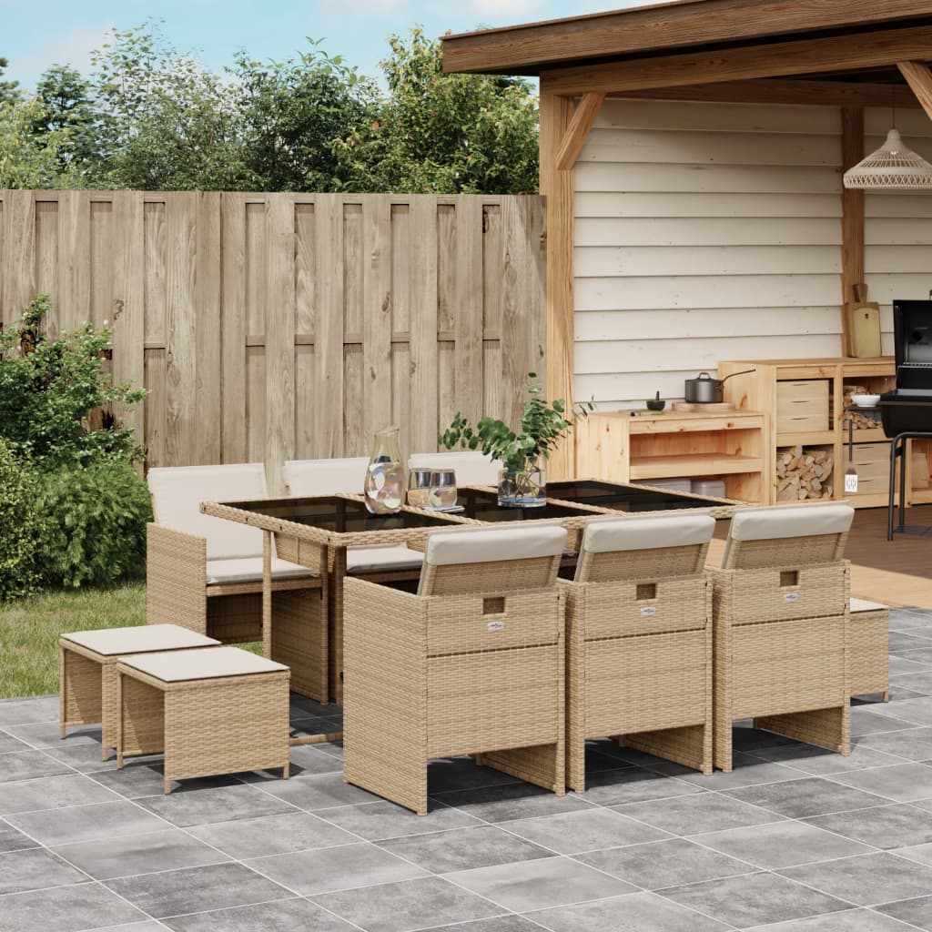 Set da Pranzo da Giardino 11 pz con Cuscini Beige in Polyrattan - homemem39