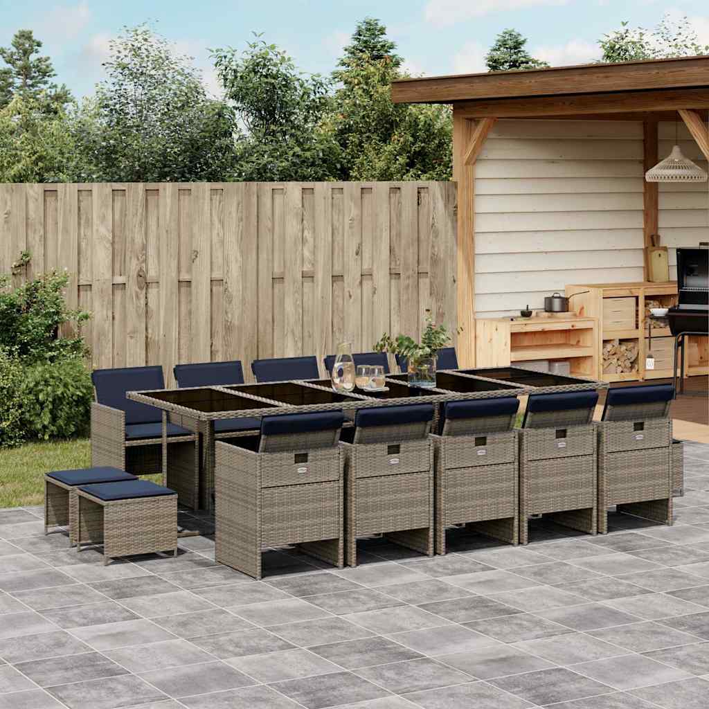 Set da pranzo da giardino da 15 pz con Cuscini in Polyrattan Grigio