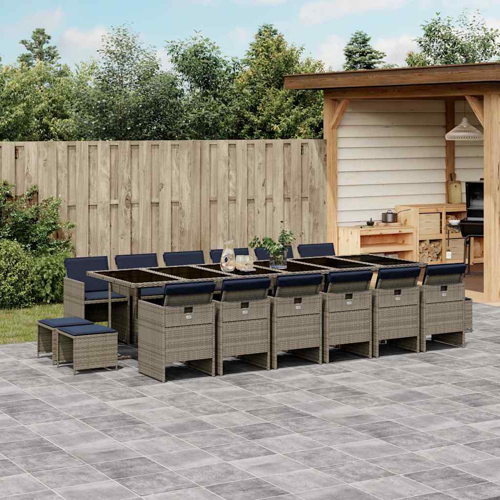 Set da pranzo da giardino da 17 pz con Cuscini in Polyrattan Grigio
