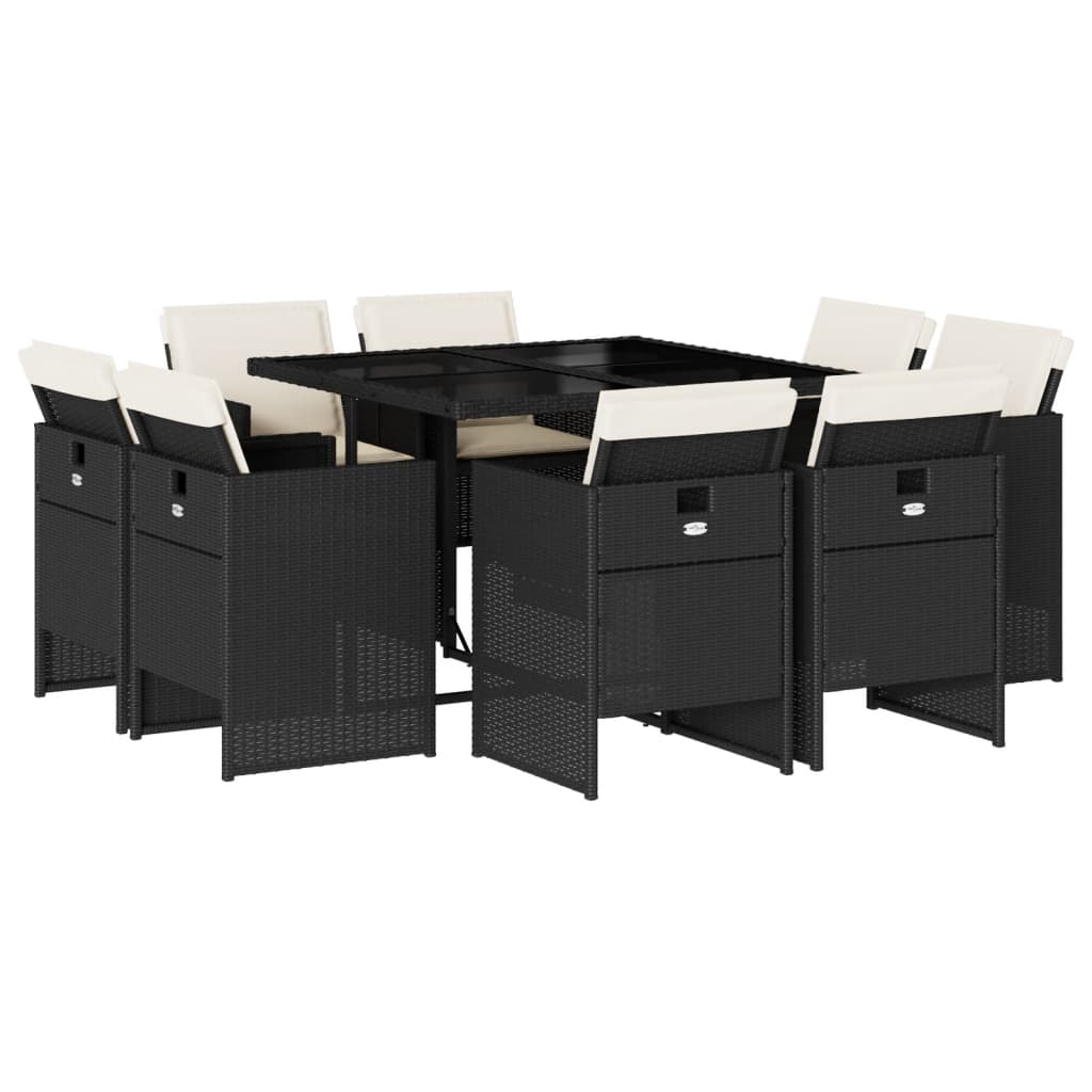 Set da Pranzo da Giardino 9 pz con Cuscini Nero in Polyrattan - homemem39