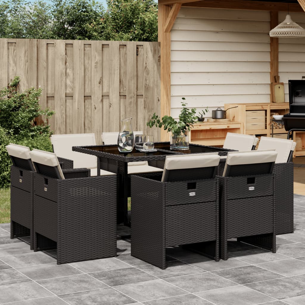 Set da Pranzo da Giardino 9 pz con Cuscini Nero in Polyrattan | homemem39