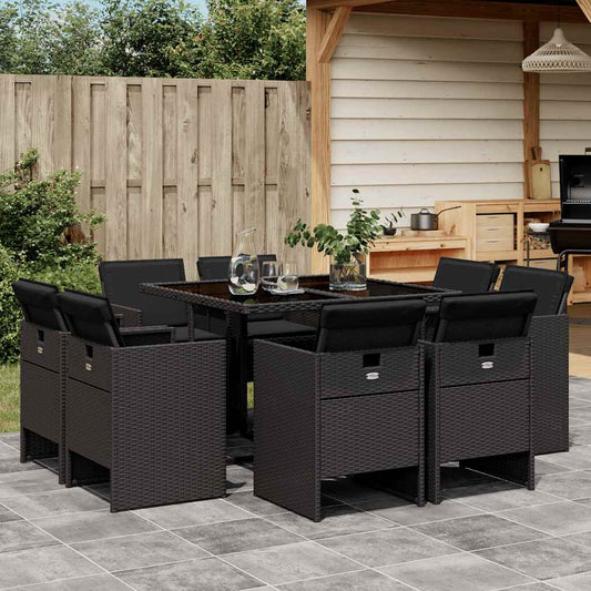 Set da Pranzo da Giardino 9 pz con Cuscini Nero in Polyrattan | homemem39