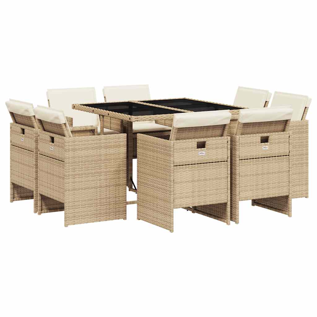 Set da Pranzo da Giardino 9 pz con Cuscini Beige in Polyrattan | homemem39