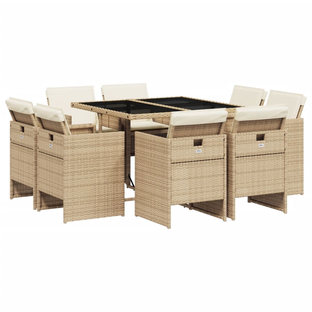 Set da Pranzo da Giardino 9 pz con Cuscini Beige in Polyrattan - homemem39