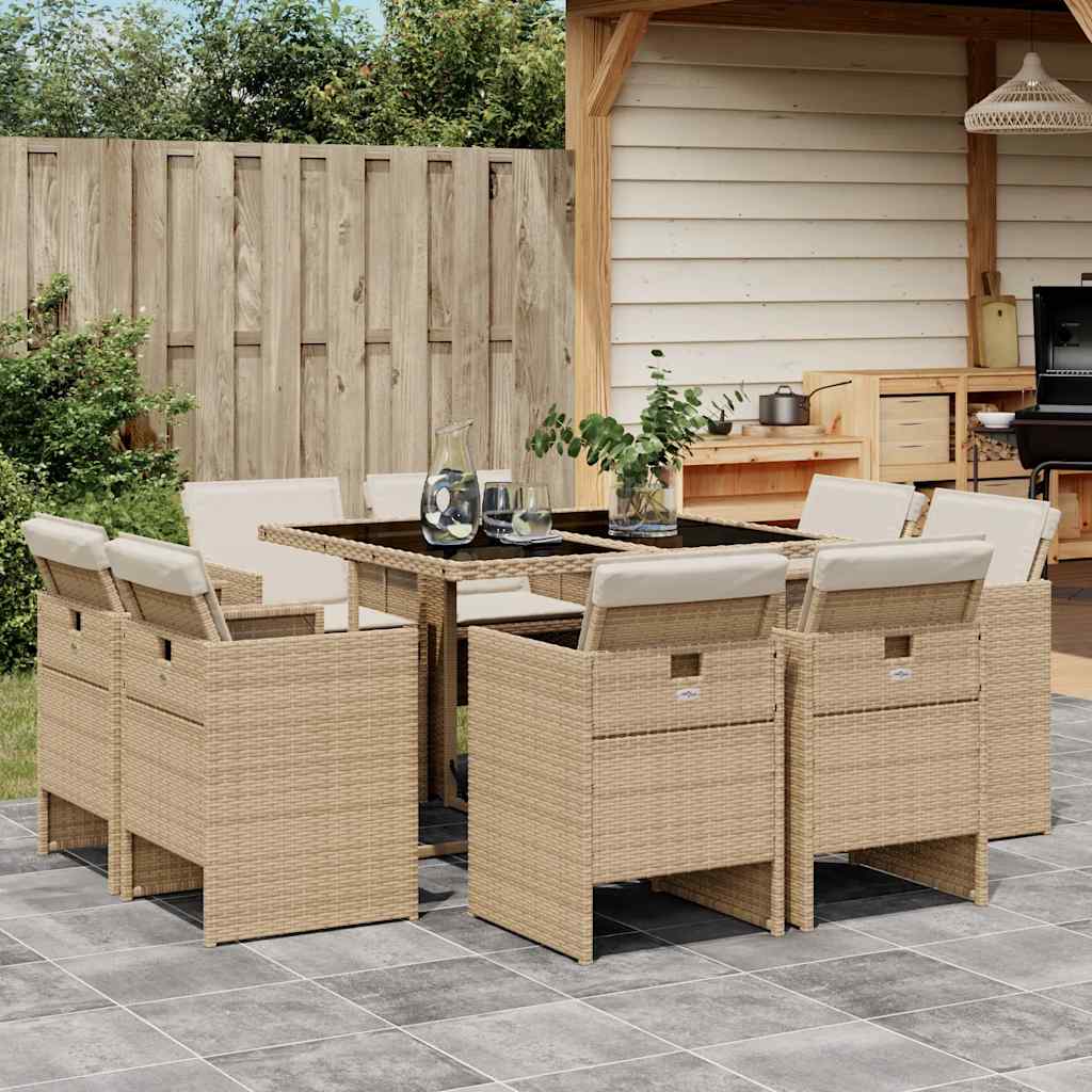 Set da Pranzo da Giardino 9 pz con Cuscini Beige in Polyrattan | homemem39