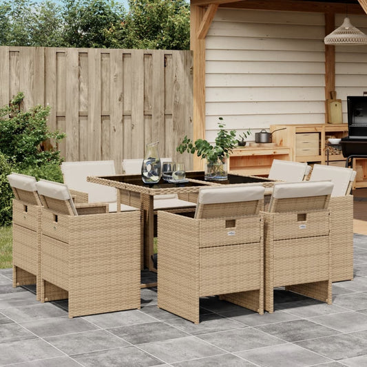 Set da Pranzo da Giardino 9 pz con Cuscini Beige in Polyrattan - homemem39