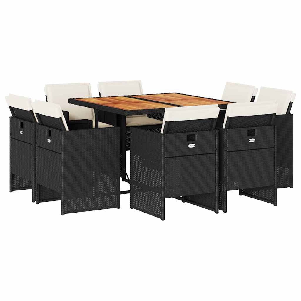 Set da Pranzo da Giardino 9 pz con Cuscini Nero in Polyrattan | homemem39