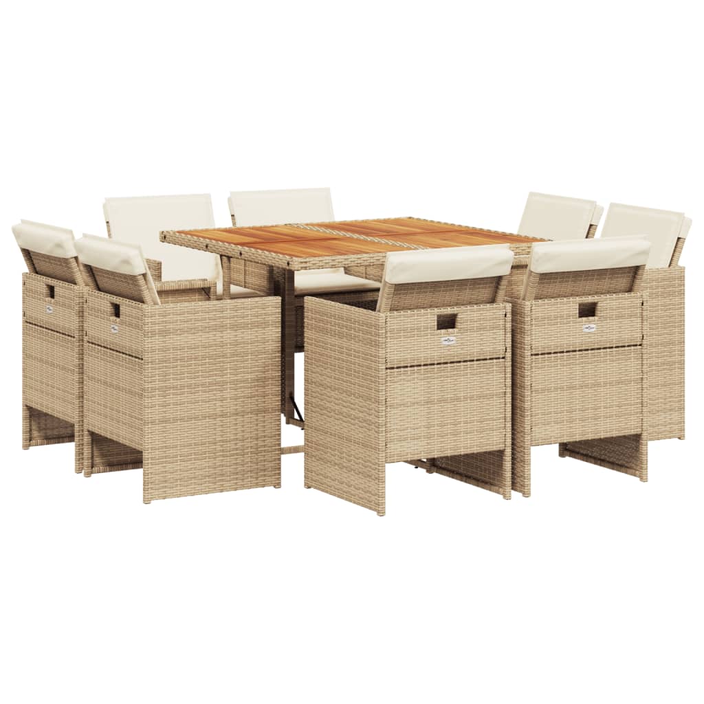 Set da Pranzo da Giardino 9 pz con Cuscini Beige in Polyrattan - homemem39