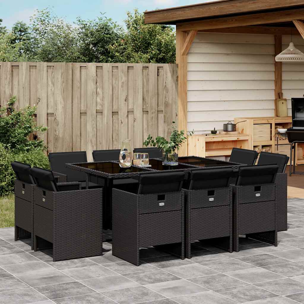 Set da Pranzo da Giardino 11 pz con Cuscini in Polyrattan Nero | homemem39