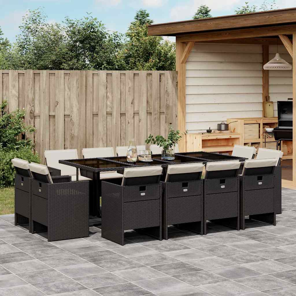 Set da Pranzo da Giardino 13pz con Cuscini Nero in Polyrattan | homemem39