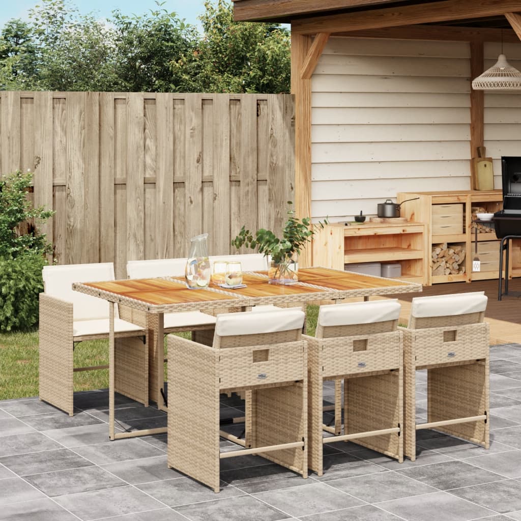 Set da Pranzo da Giardino 7 pz con Cuscini Beige in Polyrattan - homemem39