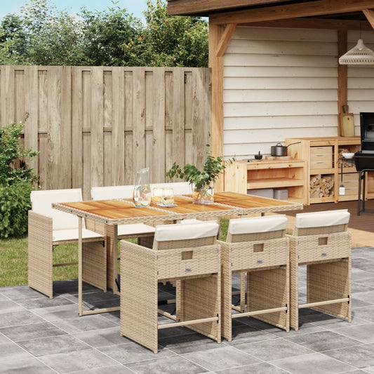 Set da Pranzo da Giardino 7 pz con Cuscini Beige in Polyrattan - homemem39