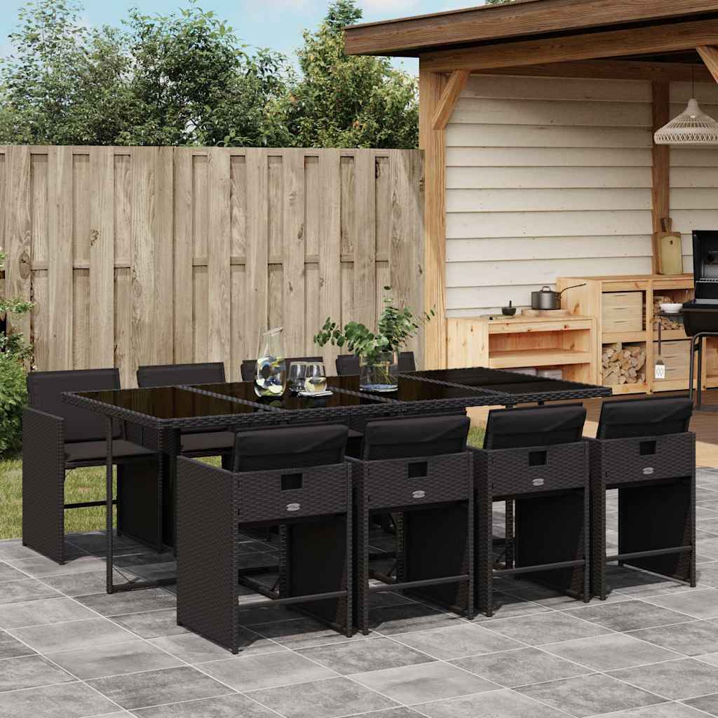 Set da Pranzo da Giardino 9 pz con Cuscini Nero in Polyrattan | homemem39