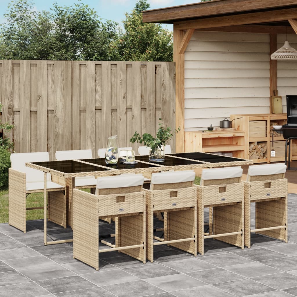 Set da Pranzo da Giardino 9 pz con Cuscini Beige in Polyrattan - homemem39