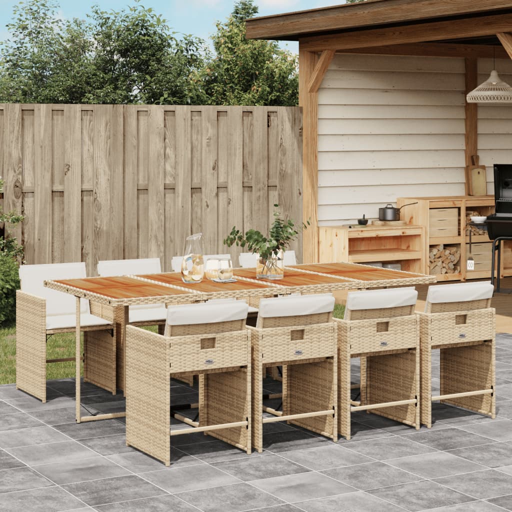 Set da Pranzo da Giardino 9 pz con Cuscini Beige in Polyrattan - homemem39