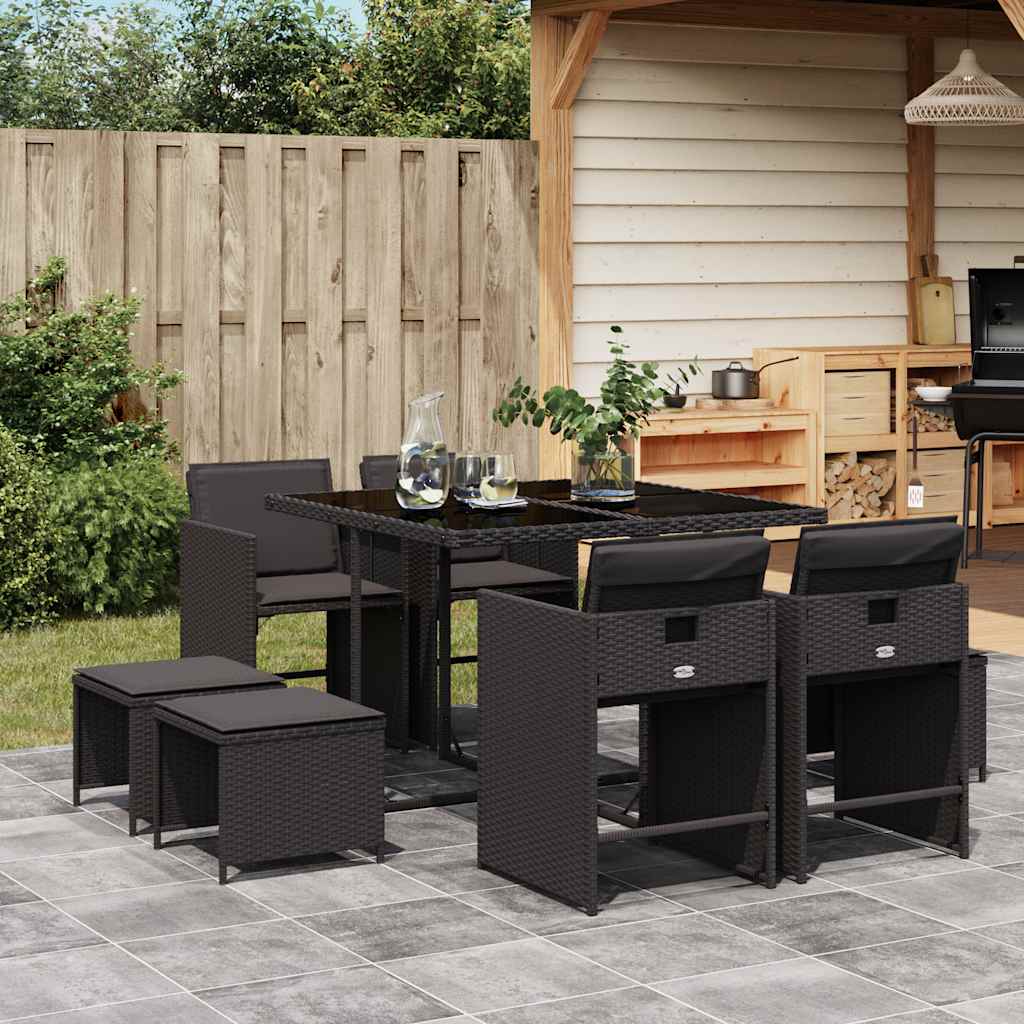 Set da Pranzo da Giardino 9 pz con Cuscini Nero in Polyrattan | homemem39