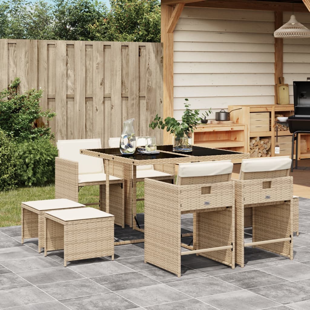 Set da Pranzo da Giardino 9 pz con Cuscini Beige in Polyrattan - homemem39