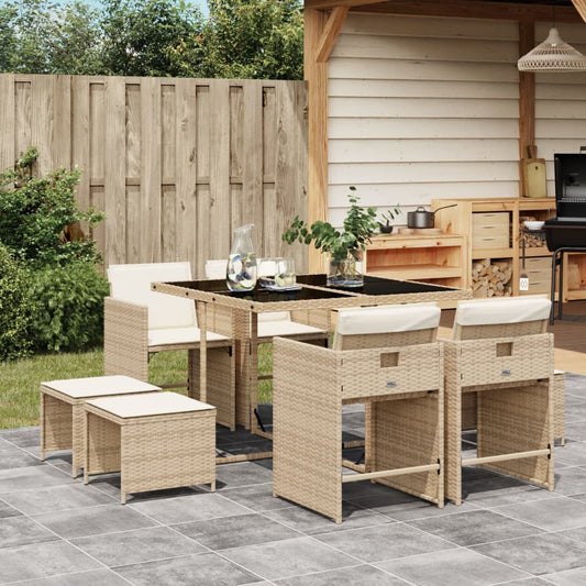 Set da Pranzo da Giardino 9 pz con Cuscini Beige in Polyrattan - homemem39