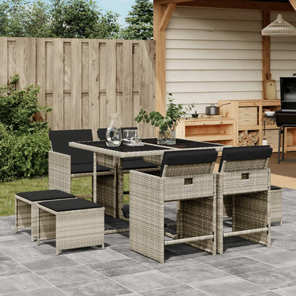 Set Pranzo da Giardino 9pz con Cuscini Grigio Chiaro Polyrattan | homemem39