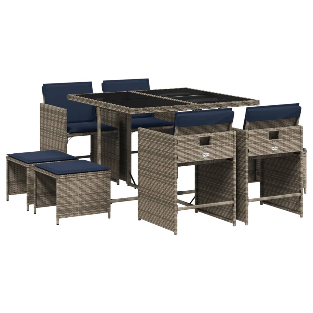 Set da pranzo da giardino da 9 pz con Cuscini in Polyrattan Grigio