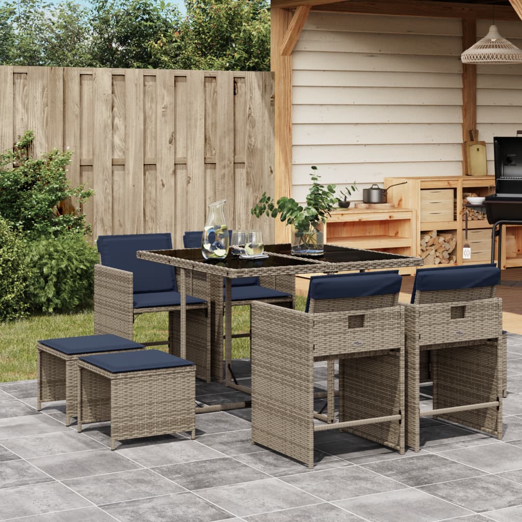 Set da pranzo da giardino da 9 pz con Cuscini in Polyrattan Grigio