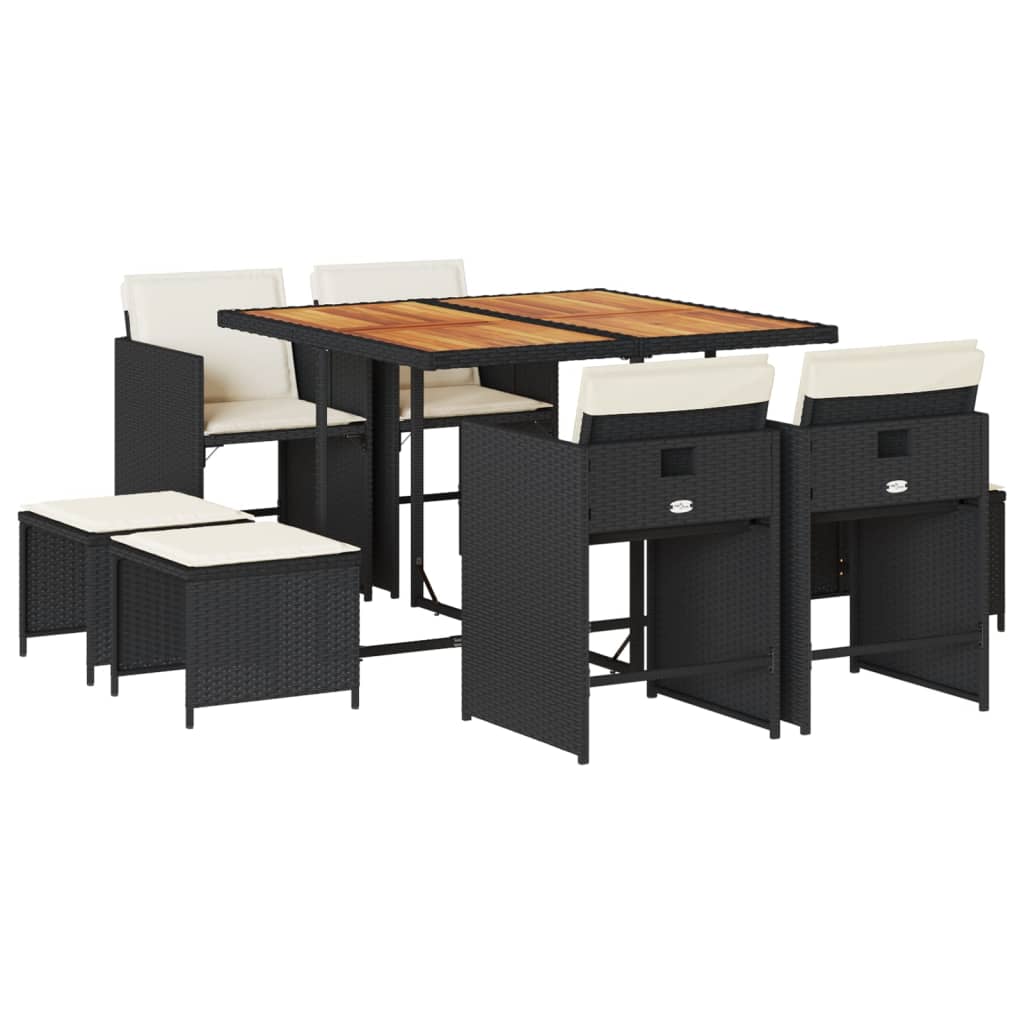 Set da Pranzo da Giardino 9 pz con Cuscini Nero in Polyrattan | homemem39