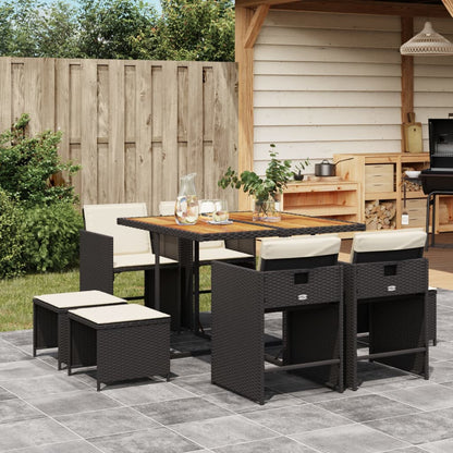 Set da Pranzo da Giardino 9 pz con Cuscini Nero in Polyrattan | homemem39