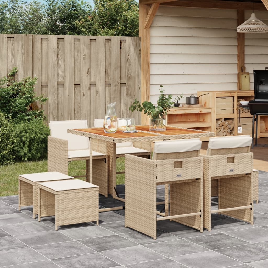 Set da Pranzo da Giardino 9 pz con Cuscini Beige in Polyrattan - homemem39