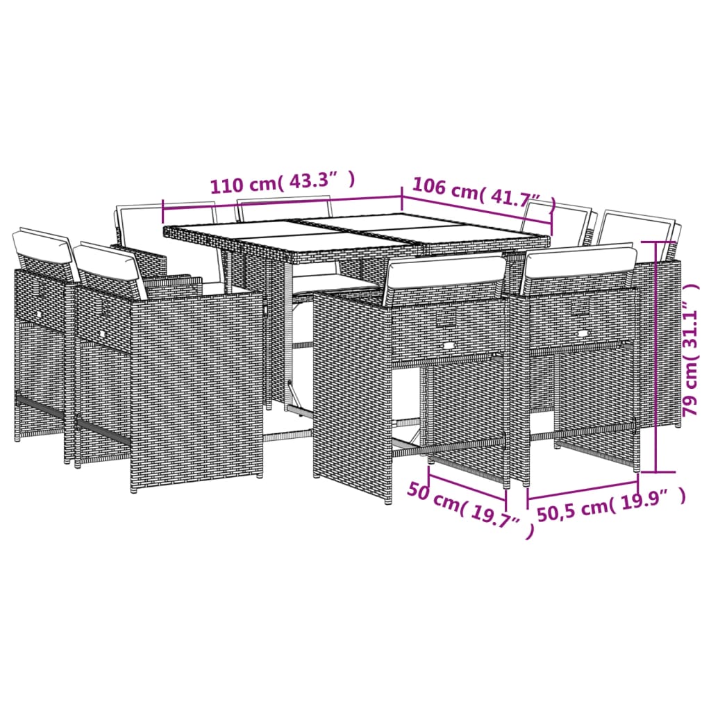Set da Pranzo da Giardino 9 pz con Cuscini Nero in Polyrattan | homemem39