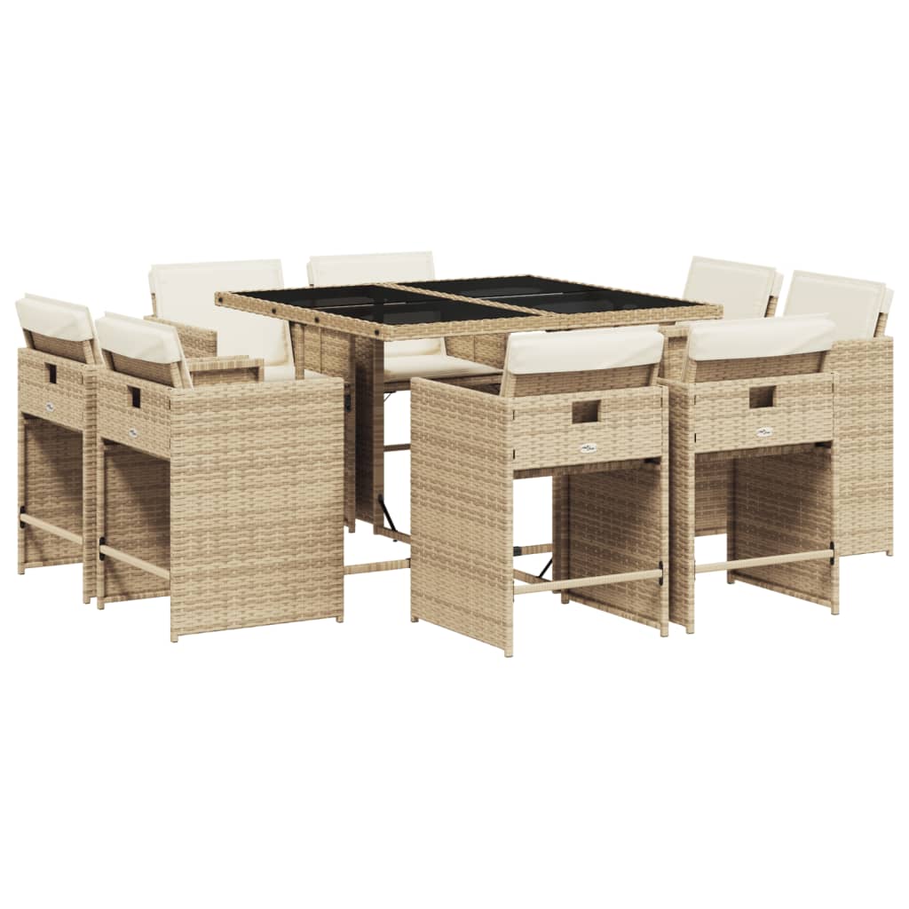 Set da Pranzo da Giardino 9 pz con Cuscini Beige in Polyrattan - homemem39
