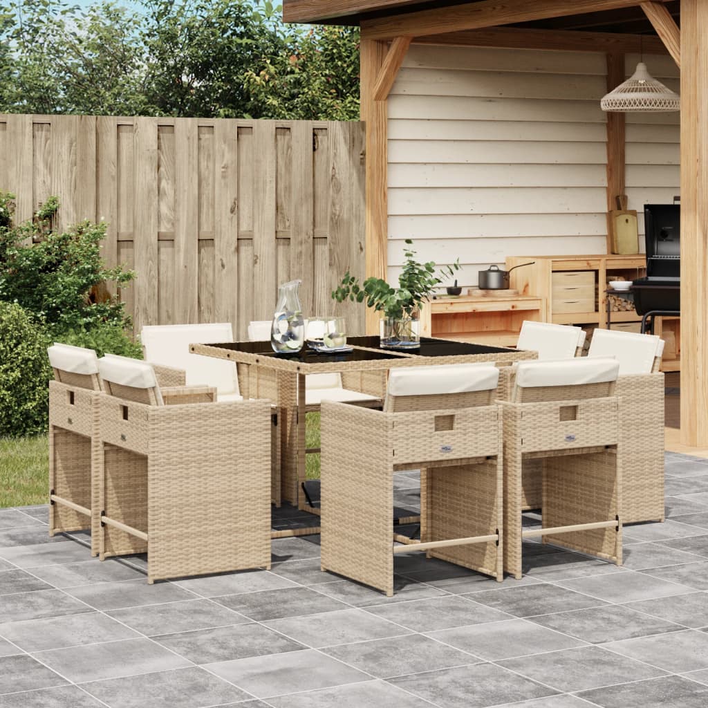 Set da Pranzo da Giardino 9 pz con Cuscini Beige in Polyrattan - homemem39