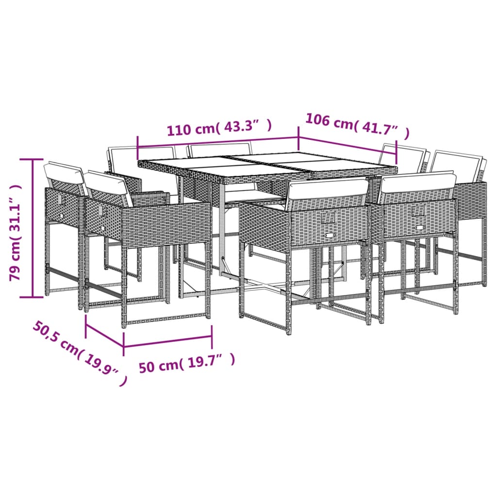 Set Pranzo da Giardino 9pz con Cuscini Grigio Chiaro Polyrattan | homemem39