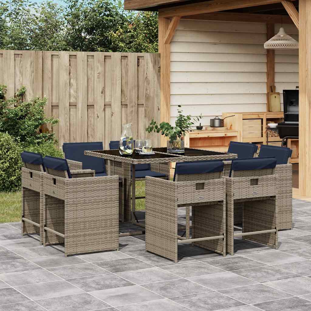 Set da pranzo da giardino da 9 pz con Cuscini in Polyrattan Grigio | homemem39