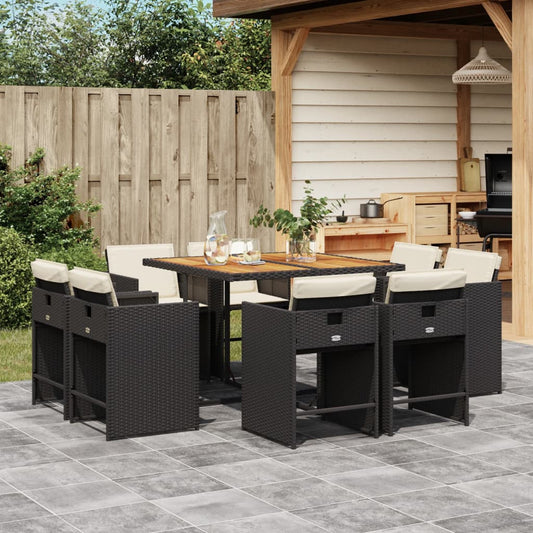 Set da Pranzo da Giardino 9 pz con Cuscini Nero in Polyrattan | homemem39