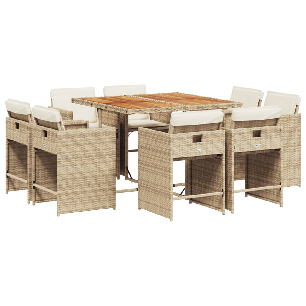 Set da Pranzo da Giardino 9 pz con Cuscini Beige in Polyrattan | homemem39