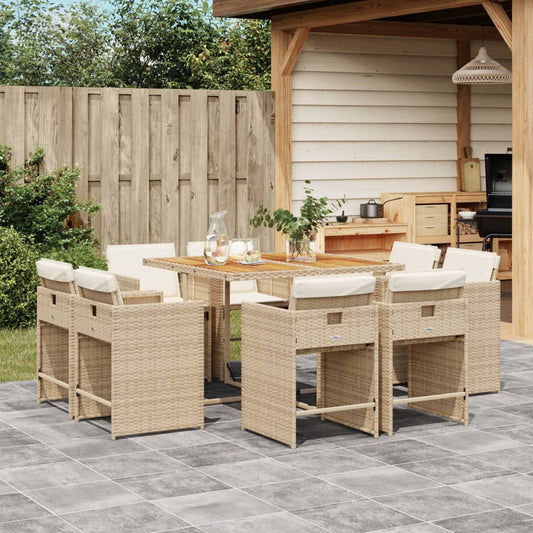 Set da Pranzo da Giardino 9 pz con Cuscini Beige in Polyrattan - homemem39
