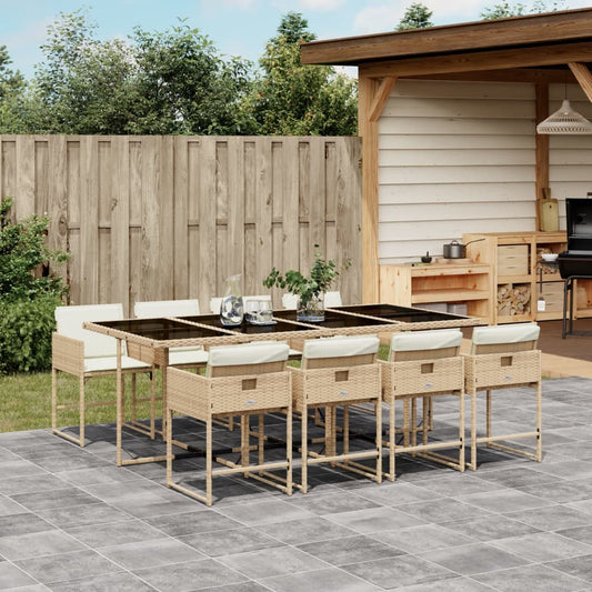 Set da Pranzo da Giardino 9 pz con Cuscini Beige in Polyrattan - homemem39