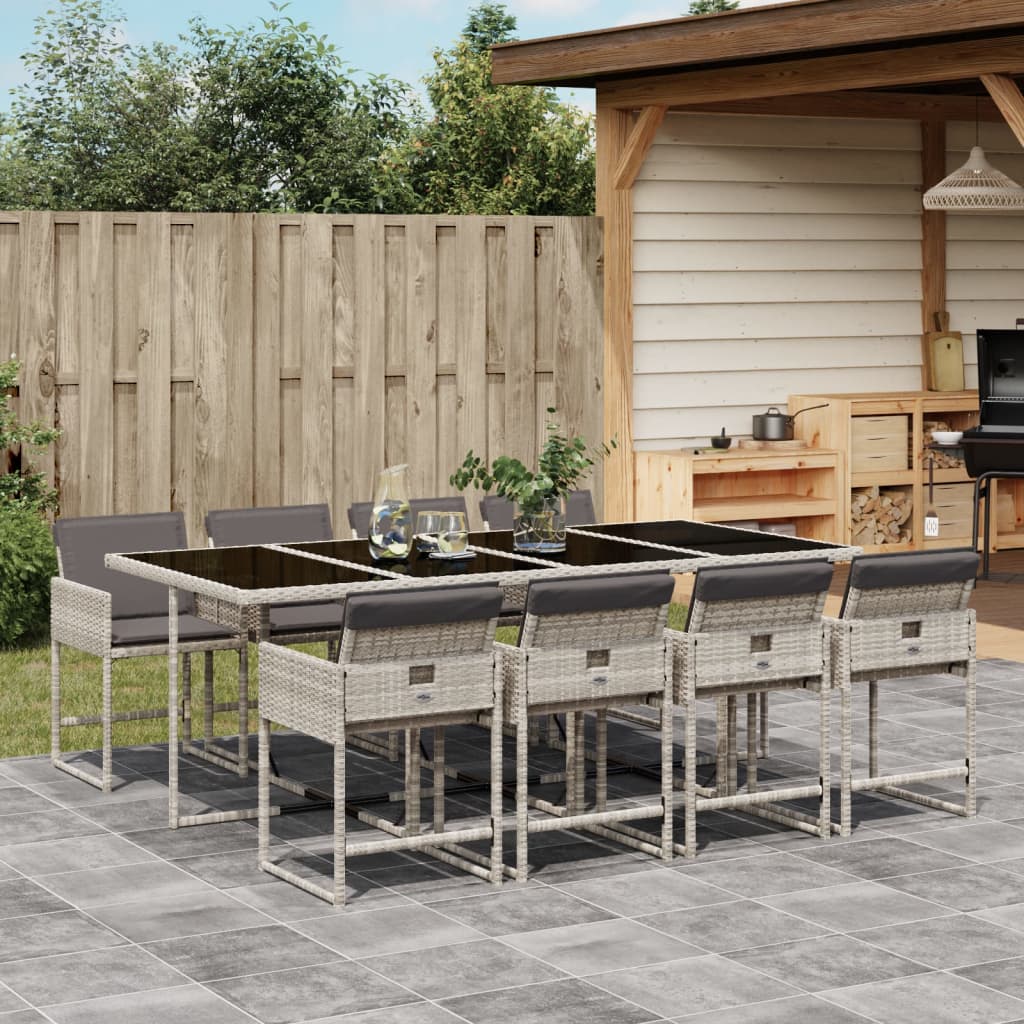 Set Pranzo da Giardino 9pz con Cuscini Grigio Chiaro Polyrattan | homemem39