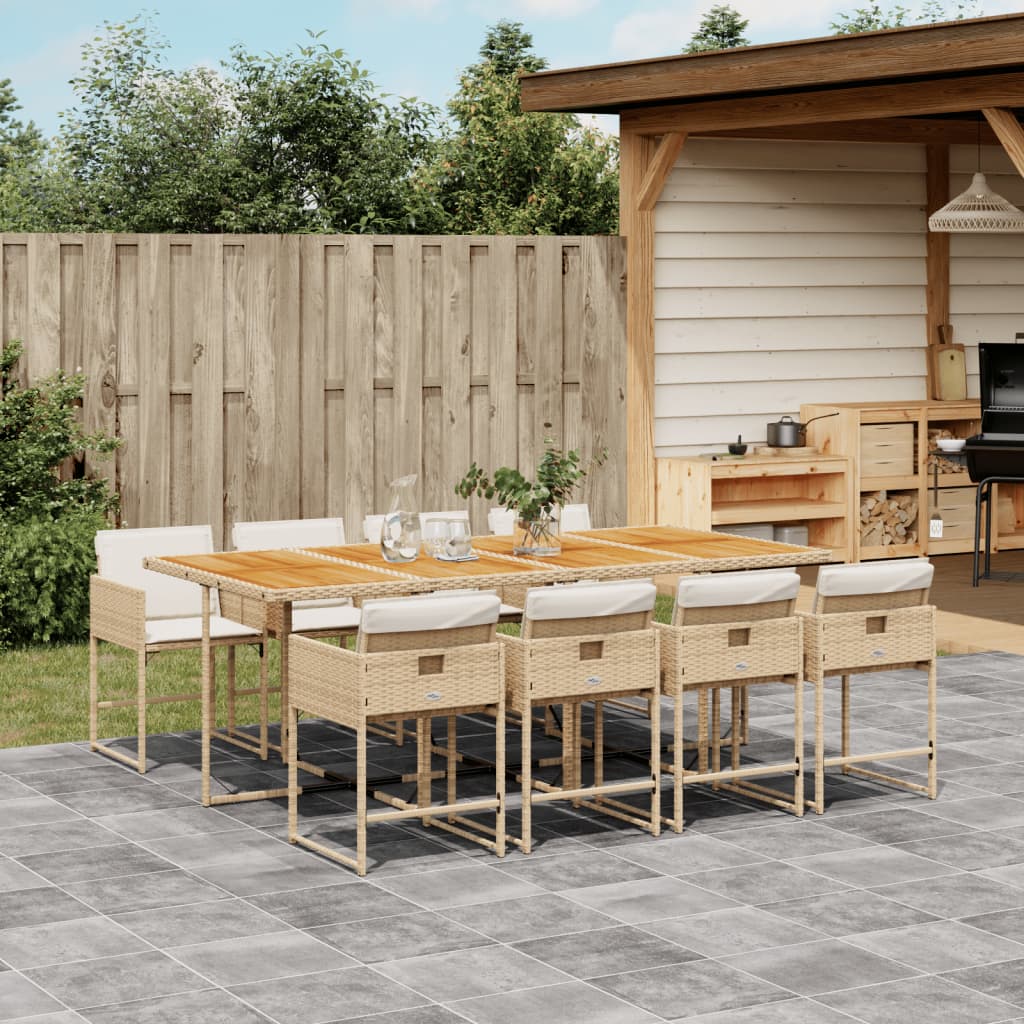 Set da Pranzo da Giardino 9 pz con Cuscini Beige in Polyrattan - homemem39