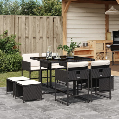 Set da Pranzo da Giardino 9 pz con Cuscini Nero in Polyrattan | homemem39