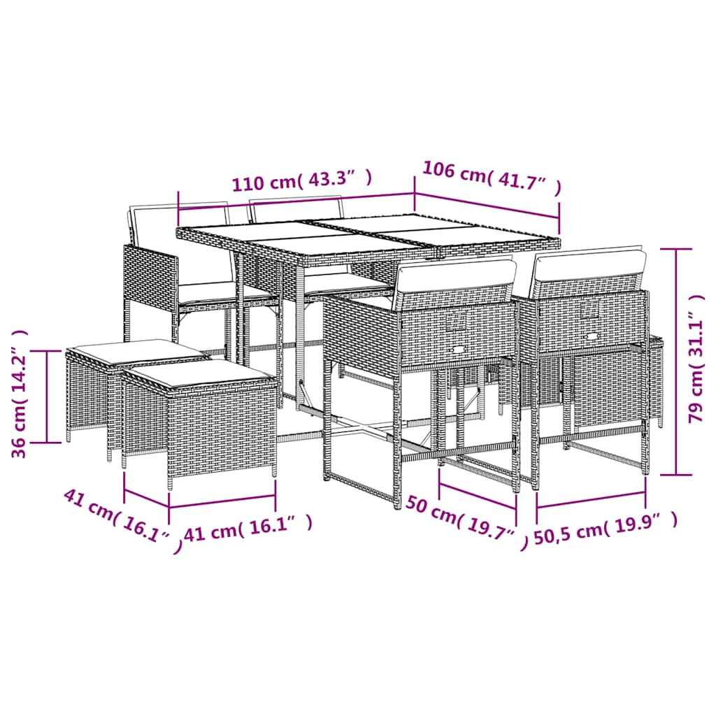 Set da Pranzo da Giardino 9pz con Cuscini Marrone in Polyrattan | homemem39