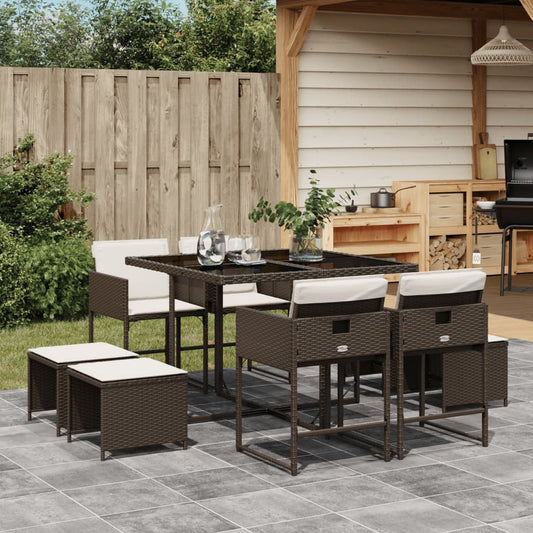 Set da Pranzo da Giardino 9pz con Cuscini Marrone in Polyrattan - homemem39