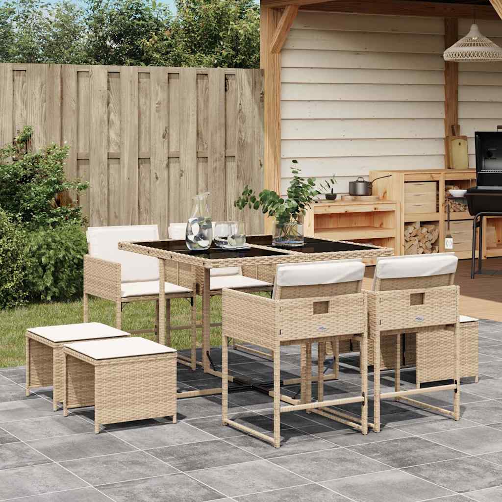 Set da Pranzo da Giardino 9 pz con Cuscini Beige in Polyrattan | homemem39