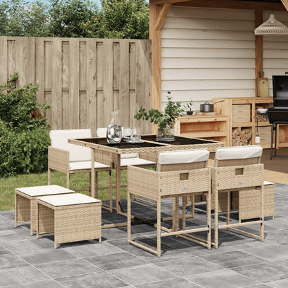 Set da Pranzo da Giardino 9 pz con Cuscini Beige in Polyrattan - homemem39