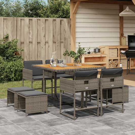 Set da Pranzo da Giardino 9 pz con Cuscini in Polyrattan Grigio - homemem39