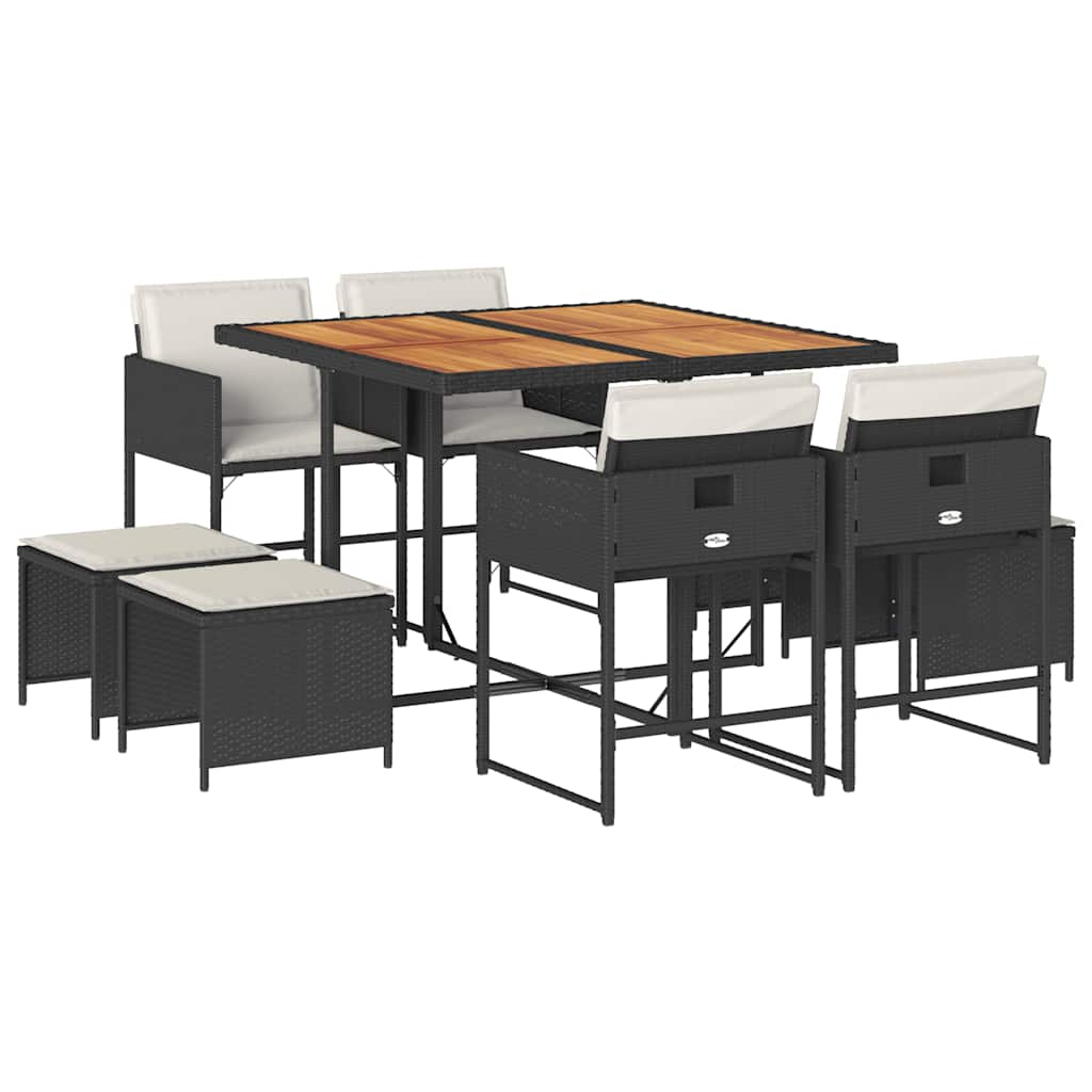 Set da Pranzo da Giardino 9 pz con Cuscini Nero in Polyrattan | homemem39