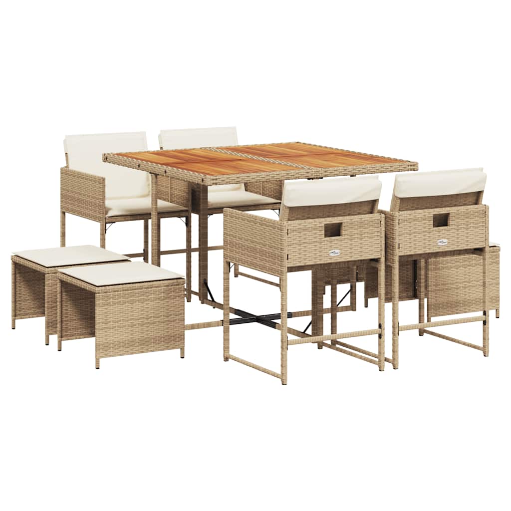 Set da Pranzo da Giardino 9 pz con Cuscini Beige in Polyrattan | homemem39