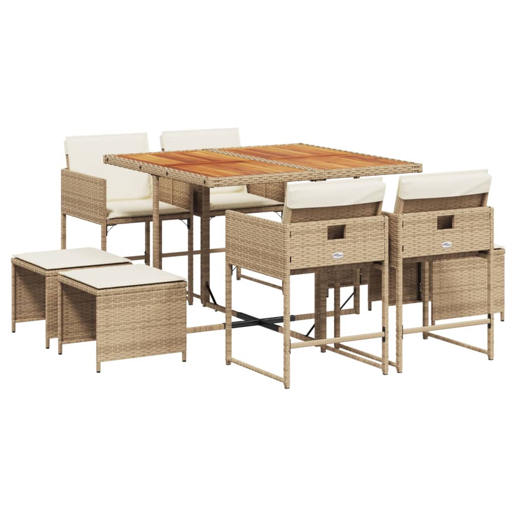 Set da Pranzo da Giardino 9 pz con Cuscini Beige in Polyrattan - homemem39